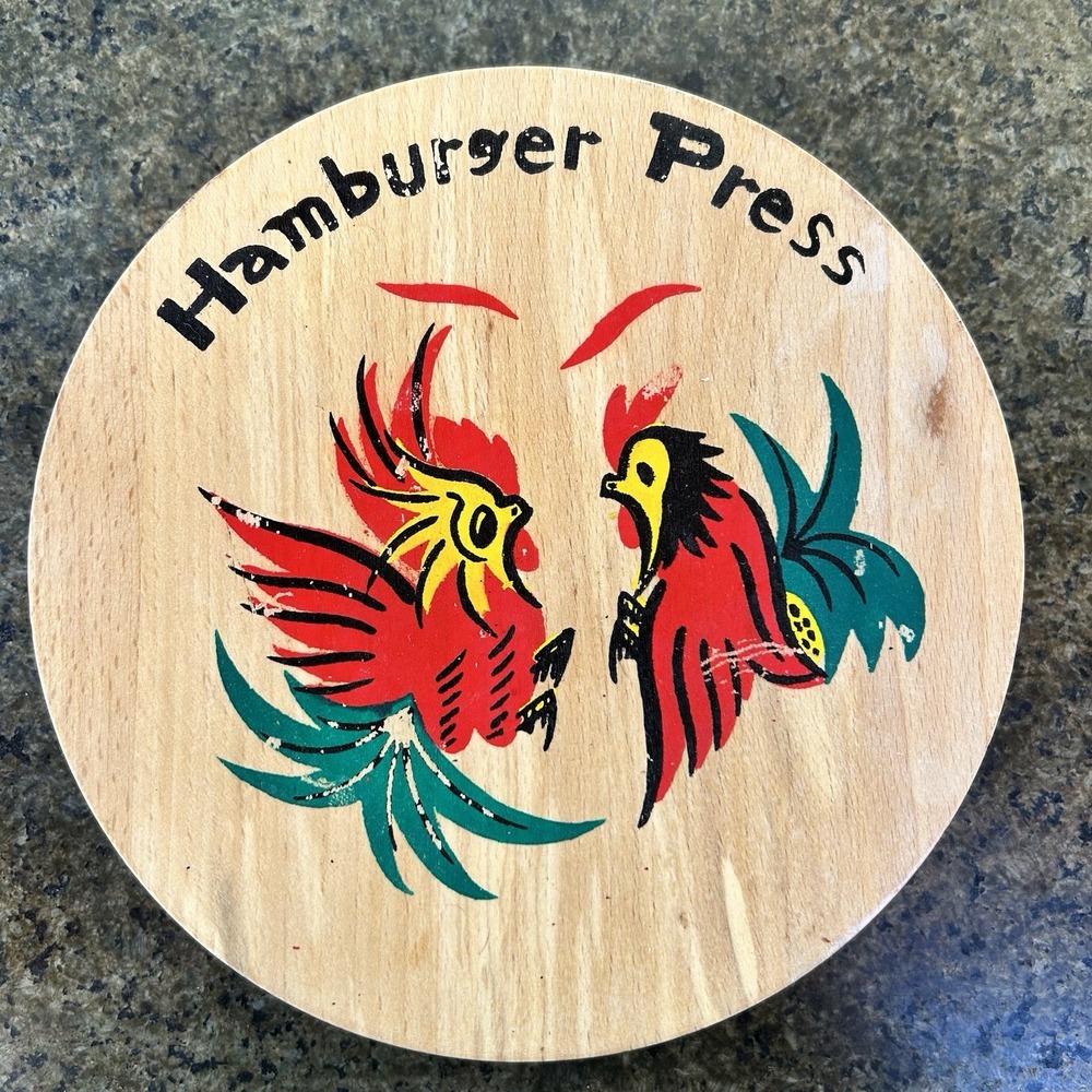 VTG Wooden Hamburger Press Fighting Roosters Chickens Kitchen Tool Decor Japan